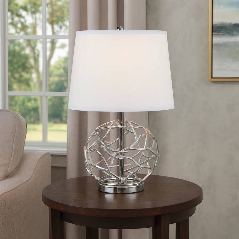 24 Inch Table Lamp, Silver Hollow Geometric Globe Base, Empire Shade