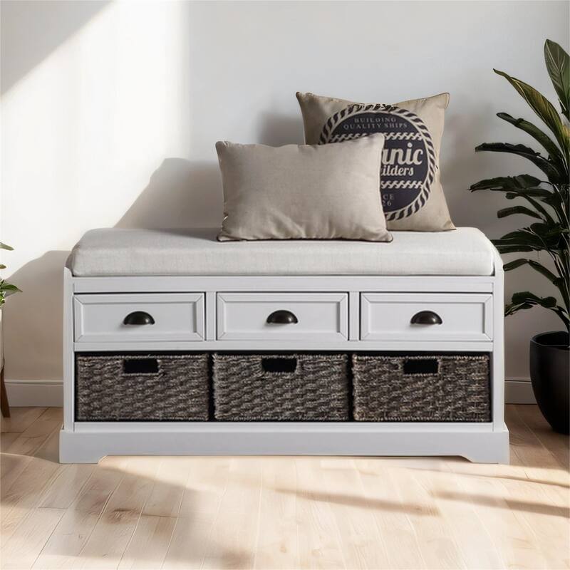 Wood Storage Bench with 3 Drawers and 3 Baskets