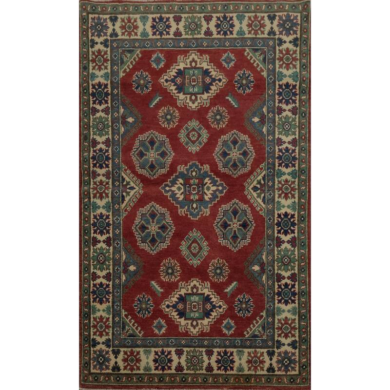 Hand Knotted Oriental 100% Wool Carpet Traditional Geometric Red Kazak Area Rug - 6' 1'' X 4' 0''
