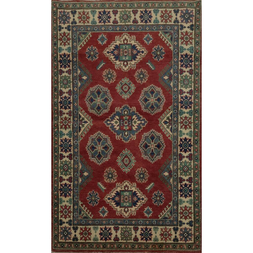 Hand Knotted Oriental 100% Wool Carpet Traditional Geometric Red Kazak Area Rug - 6' 1'' X 4' 0''