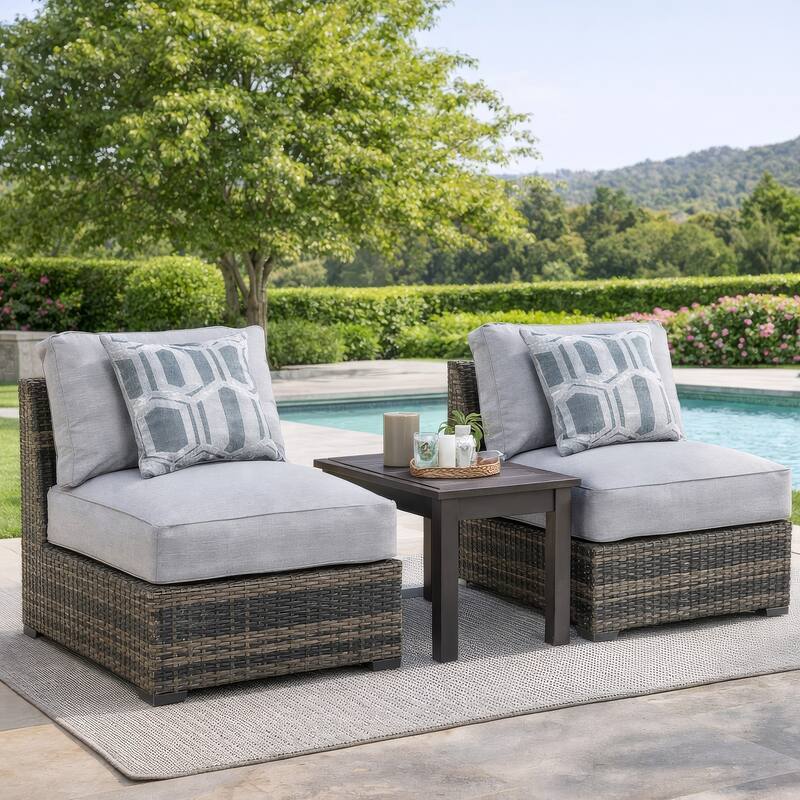 Saki 35 Inch Outdoor Armless Chair Set of 2 with 2 Pillows, Wicker, Gray