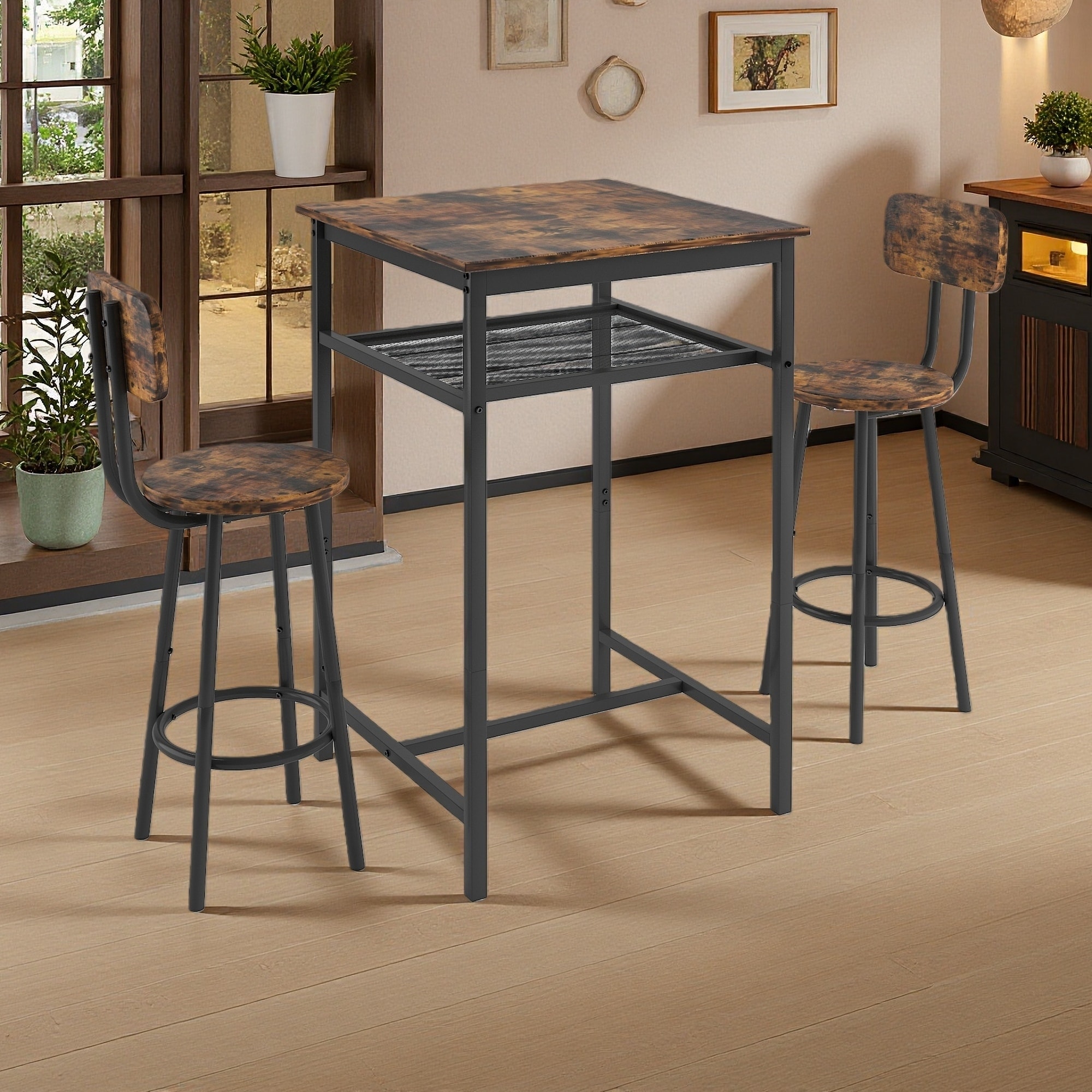 3-Piece 23.7" MDF & Iron Bar Table Set with 2 Stools, Backrest & Partition, Space-Saving, Modern Kitchen/Pub