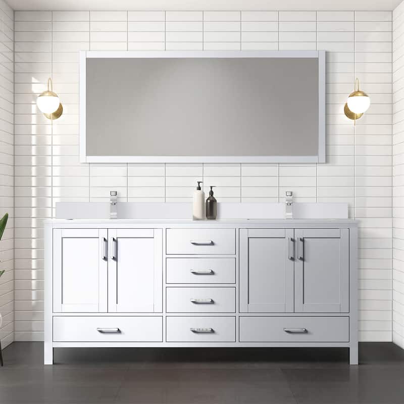 Jacques White Bath Vanity, Cultured Marble Top, Faucet Set and Mirror