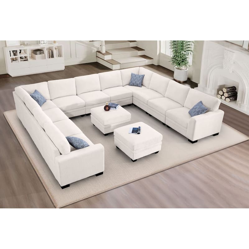 13 PC Modular Corduroy Sectional With Ottoman - Cream