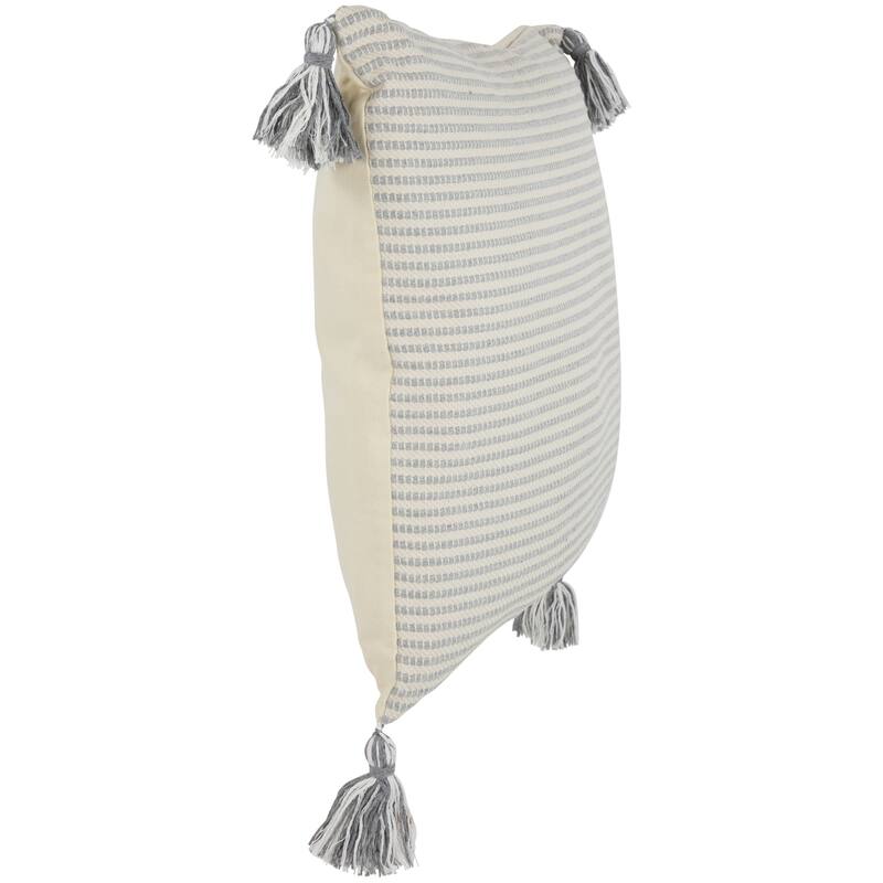18" Double-Sided Striped and Solid White Square Woven Throw Pillow with Tassels