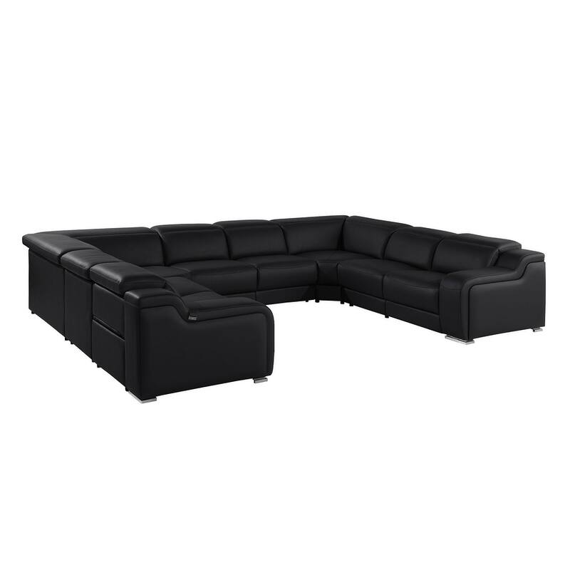 HomeRoots Black Italian Leather Power Reclining U Shaped Eight Piece Corner Sectional With Console