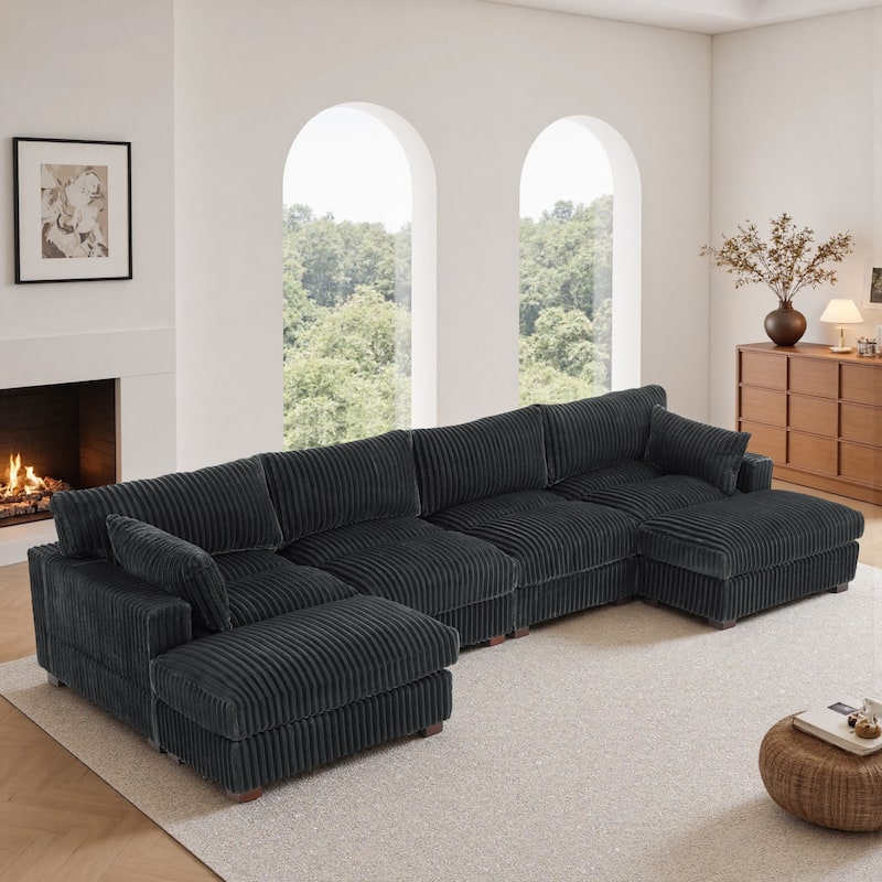 Modern Oversized Plush Corduroy Modular Sectional Sofa with 2 Ottomans