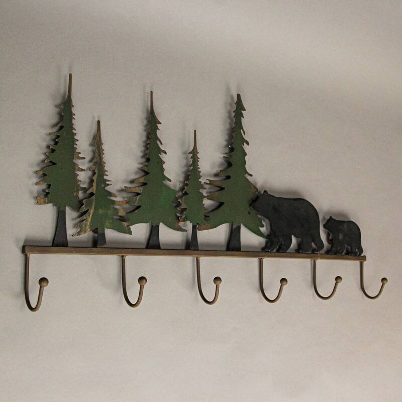 22 Inch Brown Metal Black Bear Family Wall Mounted Hook Rack - 11 X 22 X 2 inches