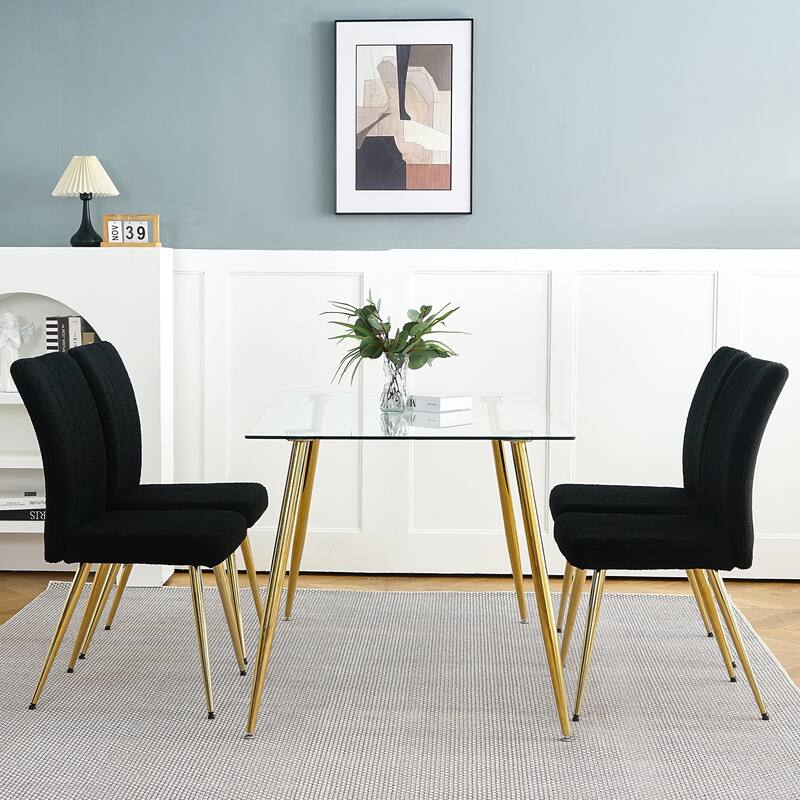 Modern Black Teddy Wool Dining Chairs Set of 4, Upholstered Chair with Fabric Accent Side Chair, Side Chair with Gold Metal Legs