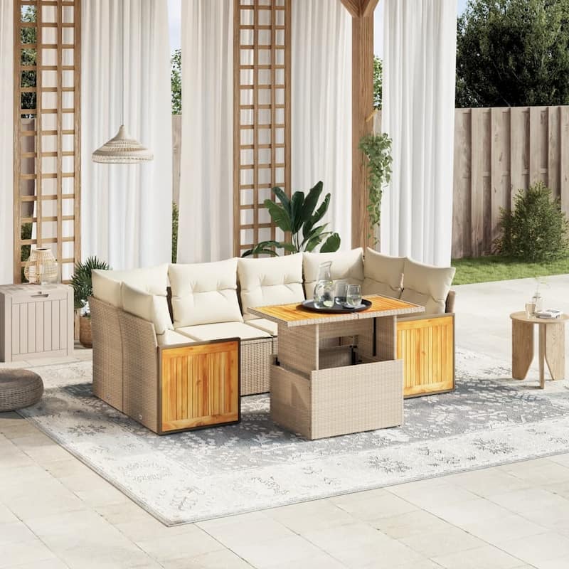 vidaXL Patio Sofa Set with Cushions Outdoor Furniture 7 Piece Poly Rattan - Beige and cream - 21.7 x 39.4 x 28.7 in