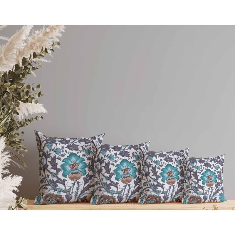 Mughal Era Garden Treasures Indoor/Outdoor Reversible Throw Pillow White and Aquamarine