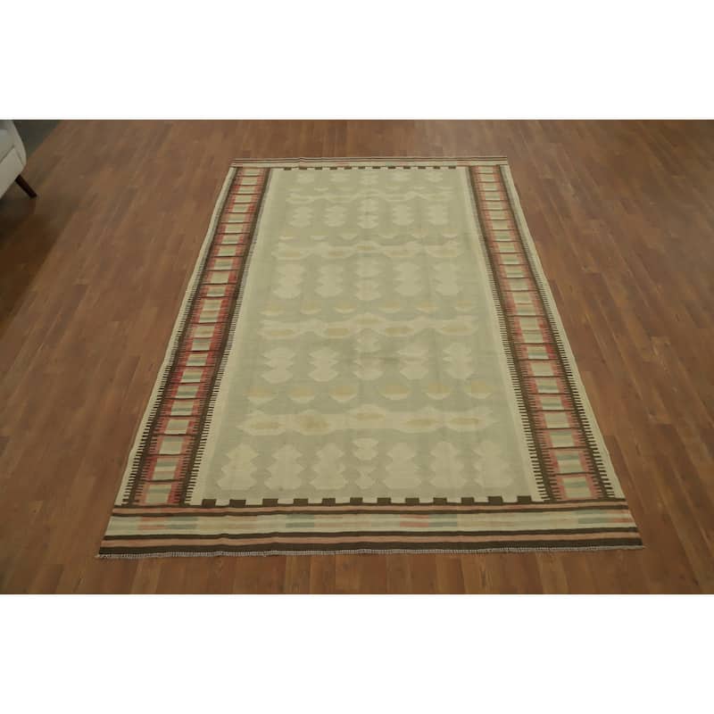 Hand Woven Oriental 100% Wool Carpet Southwestern Tribal Green Kilim Area Rug - 9' 4'' X 6' 1''