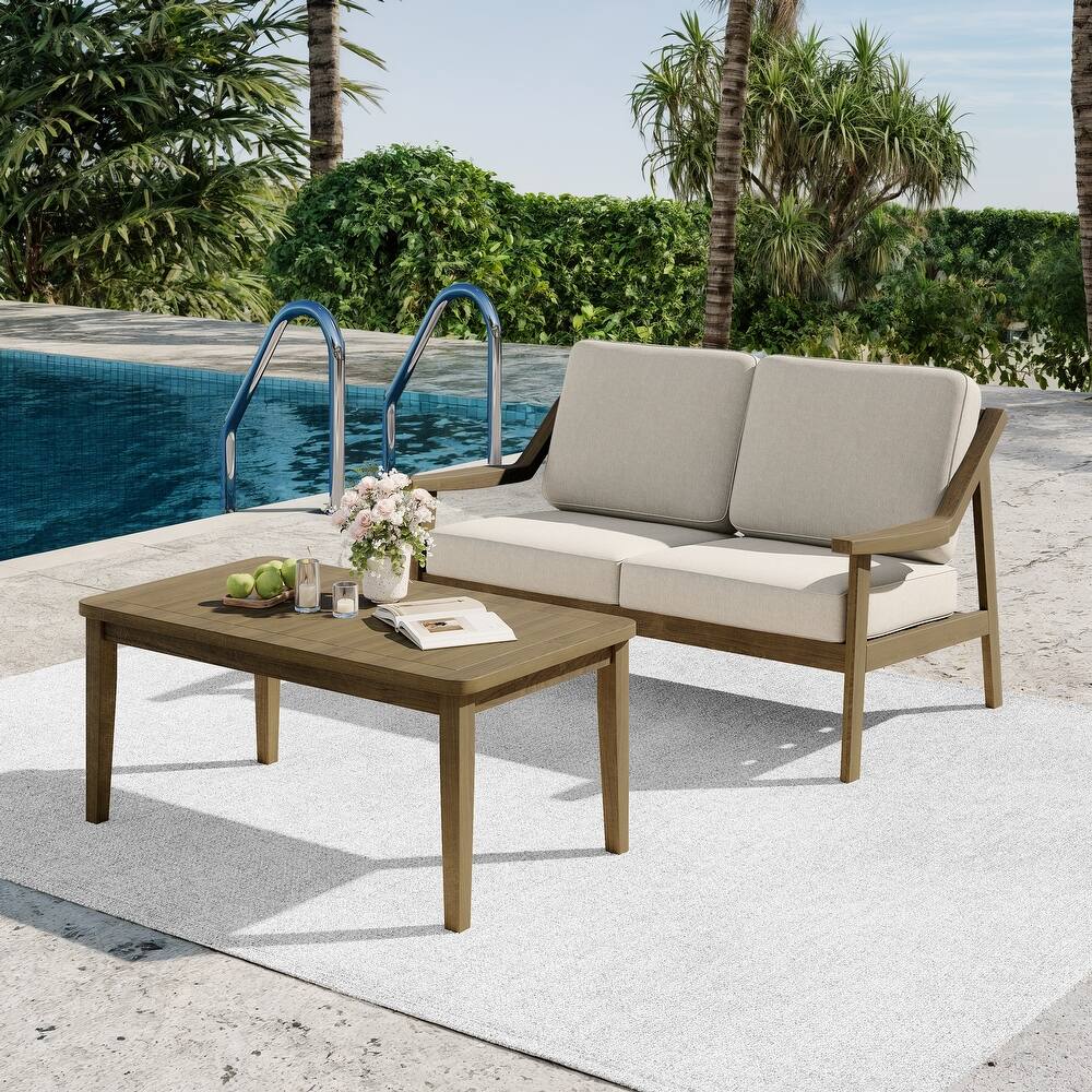 2-piece Brown/ Black Teak Cushioned Patio Loveseat Set with Coffee Table