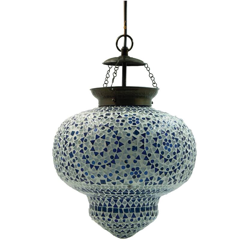 Glass Mosaic and Metal Pendant Lamp, Copper Finish, White and Blue - 12.0"L x 12.0"W x 14.0"H - White/Blue