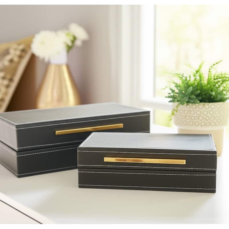 Faux Leather Organizer Box with Lid (Set of 2) - 9" Brown - 12" x 6" x 4"