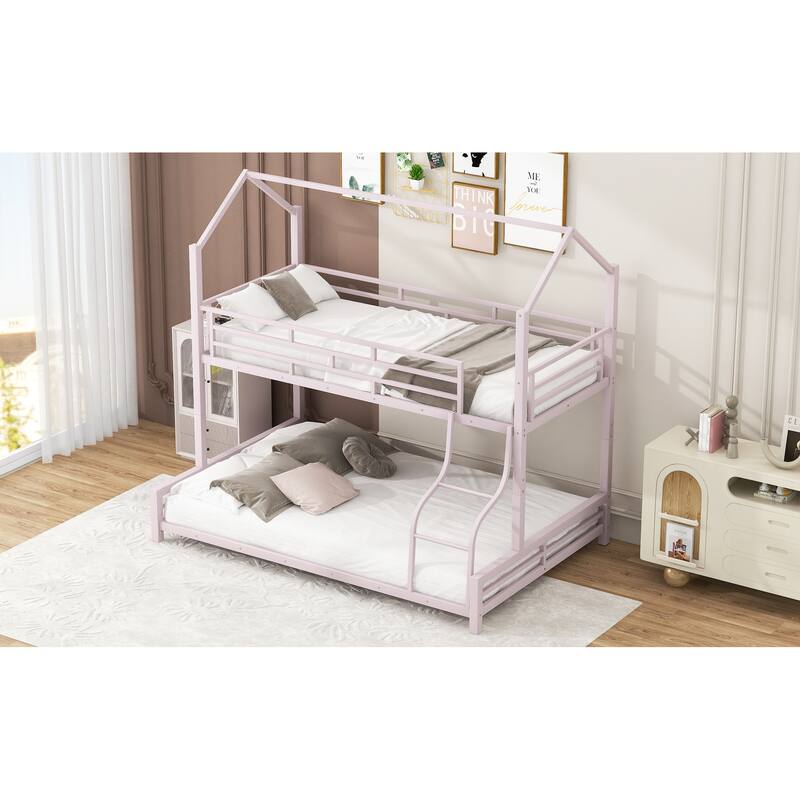 Metal House Bunk Bed, Twin over Full, Easy to Assemble, Suitable for living room, bedroom
