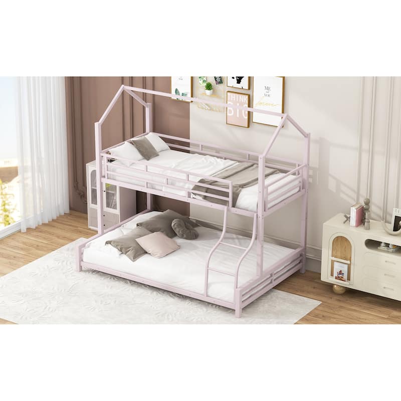 Pink Metal House Bunk Bed with Roof, Ladder and Fence for Kids, Boys and Girls