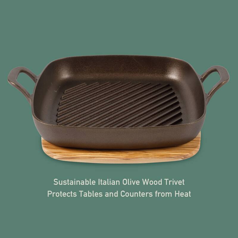 Bloomhouse Natural Bronze Finish Pre-seasoned Cast Iron Grill, Everyday Pan, Skillet & Olive Wood Trivet