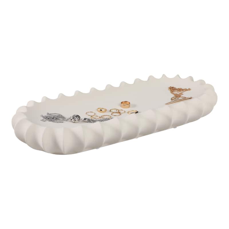 Ceramic Decorative Tray Sculpted Edge Design Modern Decor - 3" Ivory - 18" x 8" x 3"