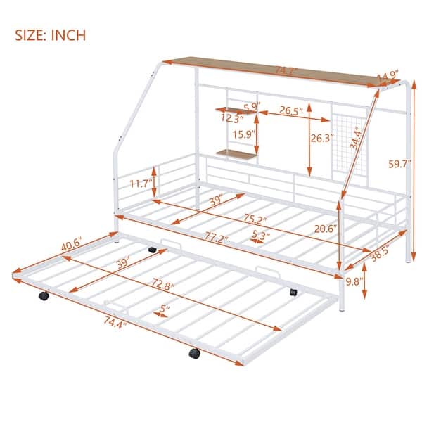 dimension image slide 1 of 2, Twin Size Metal House Bed with Trundle