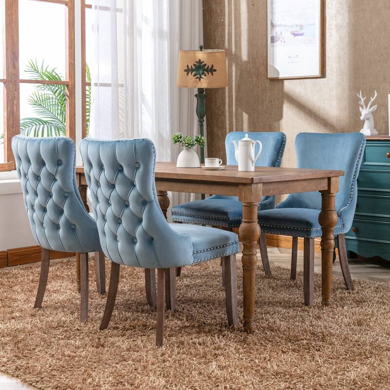 Velvet Upholstered Dining Chair Set of 2, Wing-Back Kitchen Chairs with Backstitching Nailhead Trim and Solid Wood Legs
