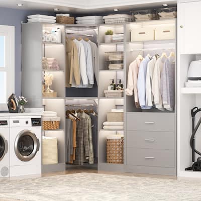 Kyrvo 63.2'' W Set of 2 Freestanding Corner Closet System with 3 Wood Drawers and 3 Hanging Rods for Walk-in/Reach-in Closet