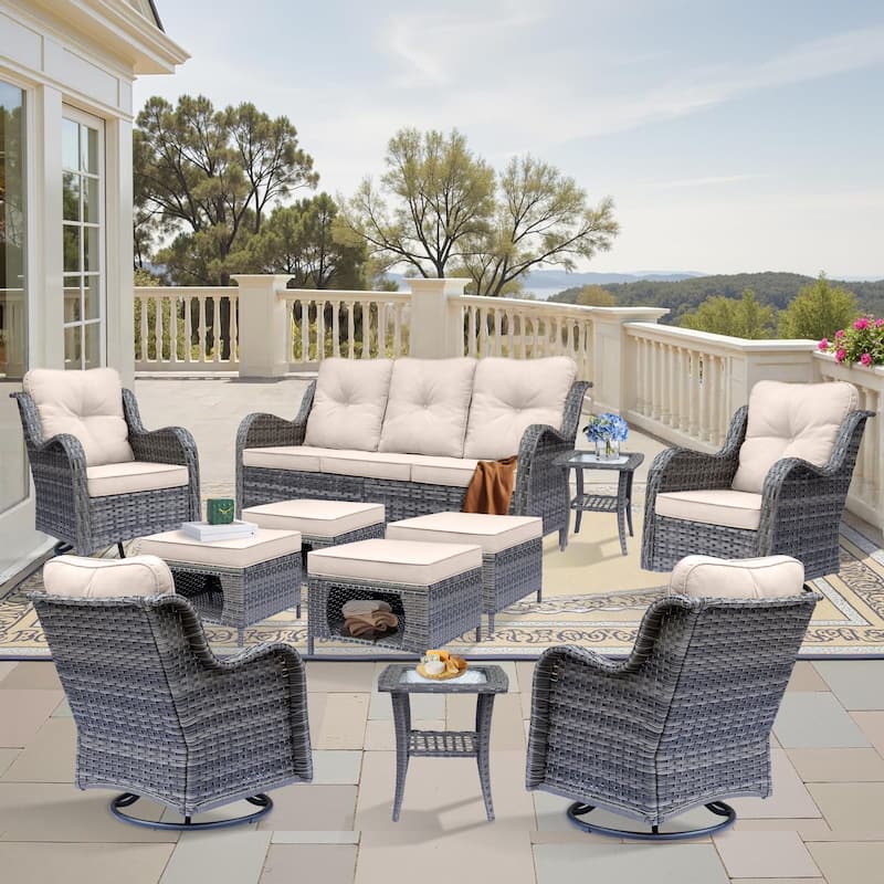 11 Piece Outdoor Wicker Patio Furniture Sofa Set with Swivel Chairs - Beige/Gray Wicker