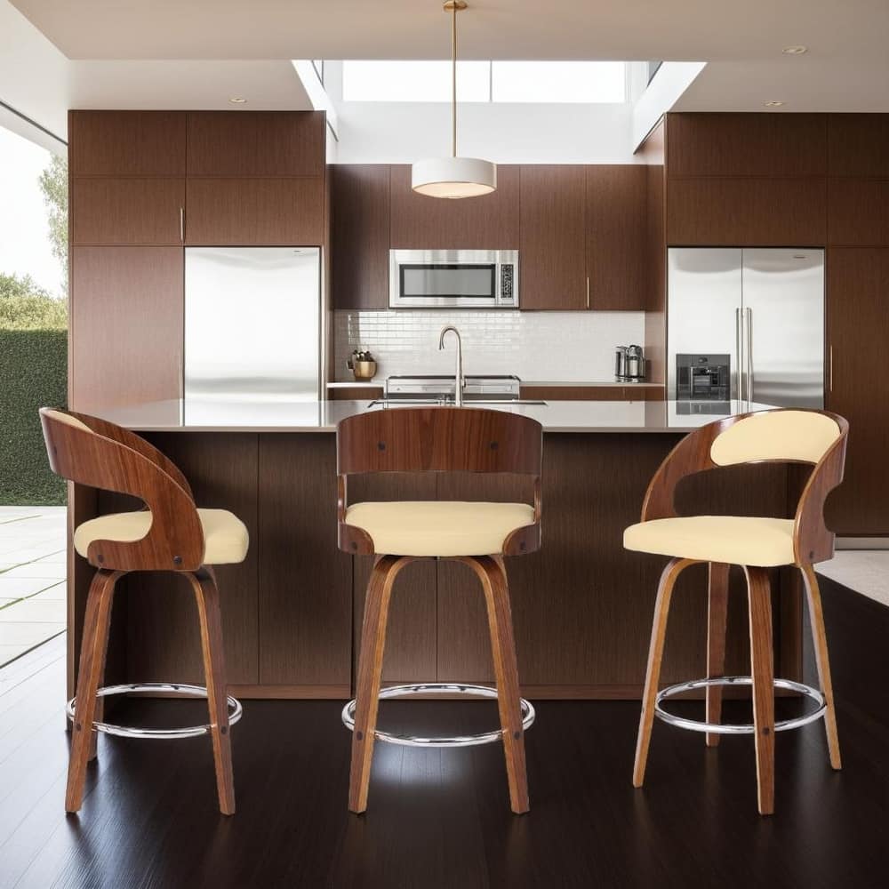 Shelly Mid-Century Swivel Bar Stool, Upholstered Counter Height Stool with Bentwood Legs