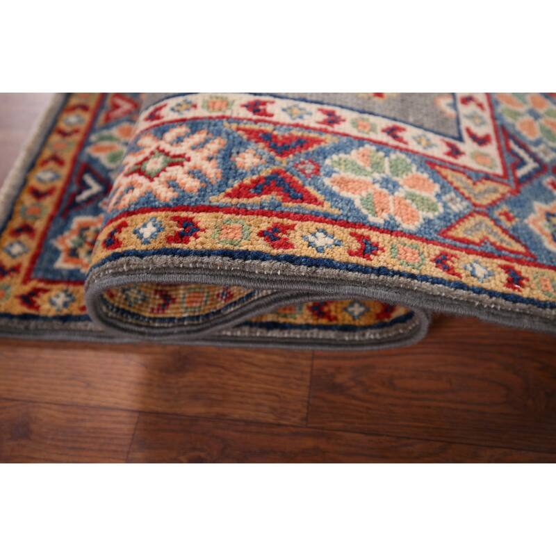 Hand Knotted Oriental 100% Wool Carpet Traditional Geometric Greys & Charcoal Kazak Area Rug - 3' 1'' X 2' 0''