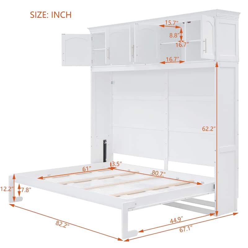 Queen Size Murphy Bed Wall Bed with Top Cabinets, Gray