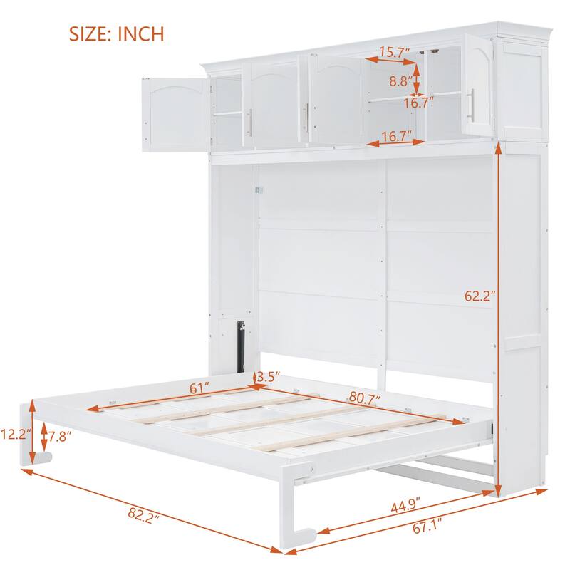 White Queen Size Modern Style Multi-function Murphy Bed with Top Cabinets for Small Apartment or Studio