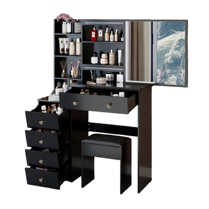 37" Full-Size Vanity Set with Sliding Mirror & Cushioned Stool