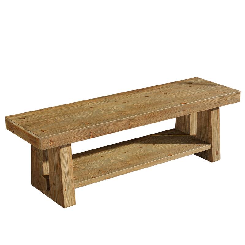 2-Tier Solid Wood Entryway Bench with Shelves, Dining Bed End Accent Seat for Dining Room Living Room Hallway Bedroom