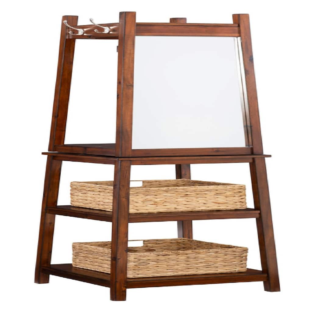 Coat Rack with 8 Hooks and 2 Woven Basket, Brown