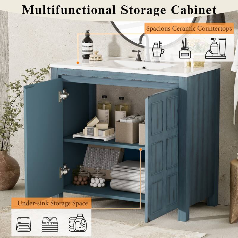 36" Bathroom Vanity Cabinet with Ceramic Sink, Soft Close Doors, Freestanding Wood Storage Cabinet Organizer