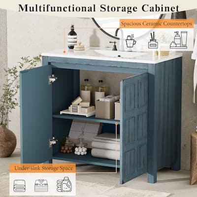 36" Bathroom Vanity with Ceramic Sink, Solid Wood Frame Bathroom Storage Cabinet