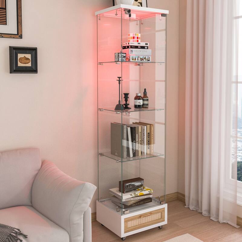 Glass Display Cabinet With Drawer,Cabinet With Led Lights,Tempered Glass Bookshelf, 1-Door Storage Case With 4 Shelves