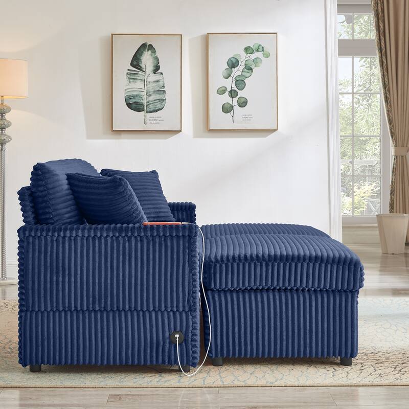 Modular Chaise Sleeper Sofa Bed, Corduroy Loveseat Couch & Storage Ottomans Set with Folding Table Boards and USB Ports