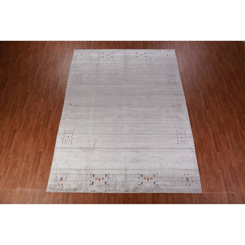 Hand Knotted Oriental 100% Wool Carpet Tribal Stripe Greys & Charcoal Gabbeh Area Rug - 12' 5'' X 9' 2''