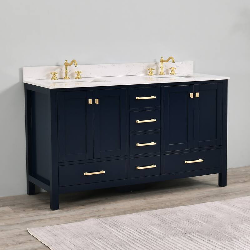Prismora 60 in. Midnight Blue Vanity with Countertop & Splash, Double Sinks