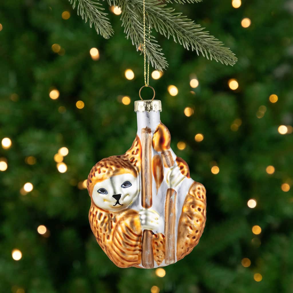 Sloth with Bamboo Glass Christmas Ornament - 4" - Gold