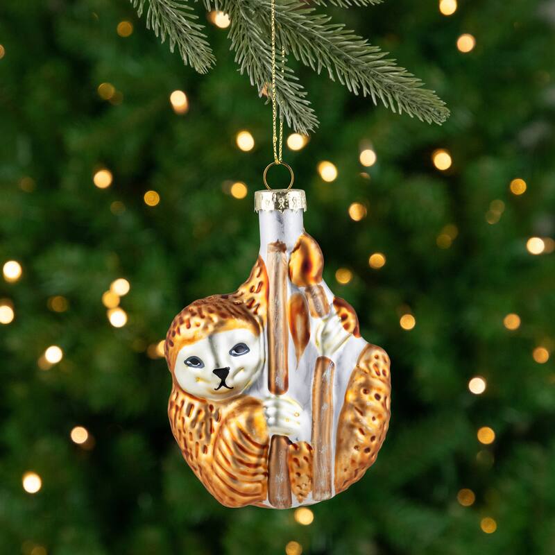 Sloth with Bamboo Glass Christmas Ornament - 4" - Gold