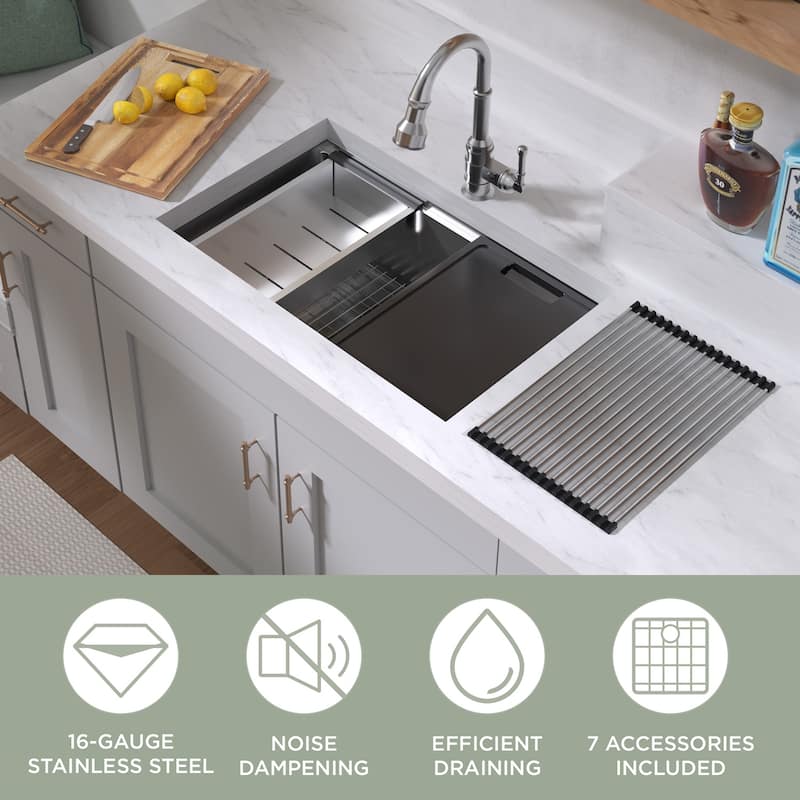 Whitehaus Undermount Single Bowl 16 Gauge Brushed Stainless Steel Workstation Sink With Accessories