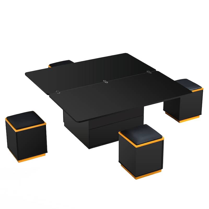 Lift-Top Coffee Table with 4 Storage Stools, Modern Space Saving Center Table , Multi-Functional Adjustable Coffee Table
