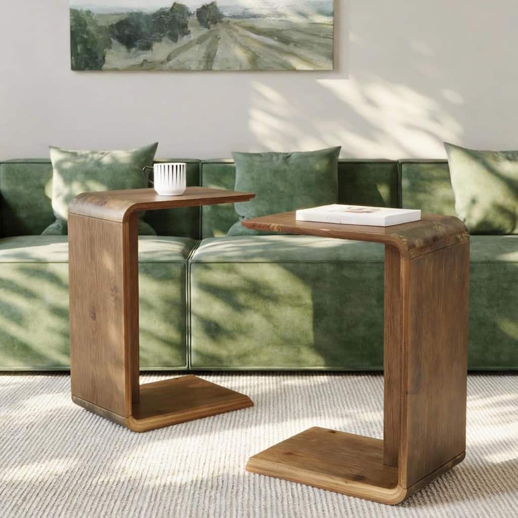 C-Shaped Solid Wood End Table for Living Room, Small Space, Easy Assembly