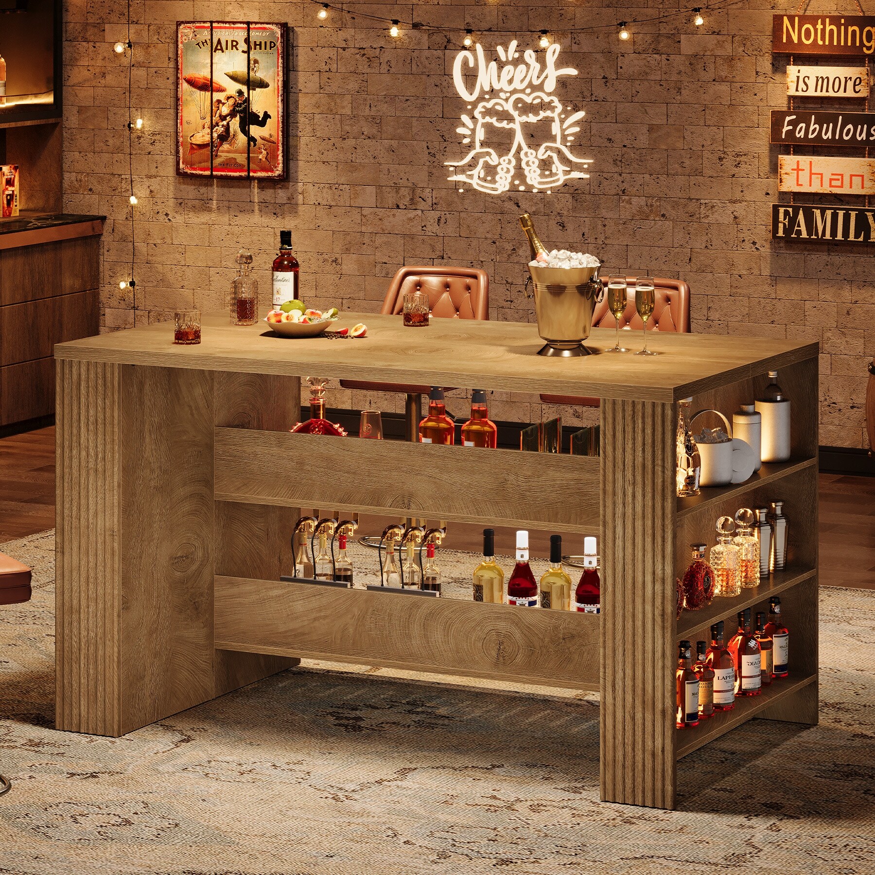 ソマビト　THE BAR COUNTER TABLE 59 Inch Bar Table with Storage Shelves, Farmhouse Wooden Counter