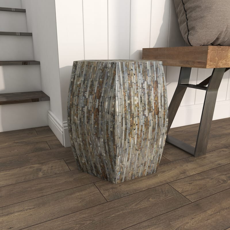 Mother of Pearl Shell Geometric Handmade Shell Mosaic Hexagon Accent Table with Brown Accents - Gray - Roche River Decor
