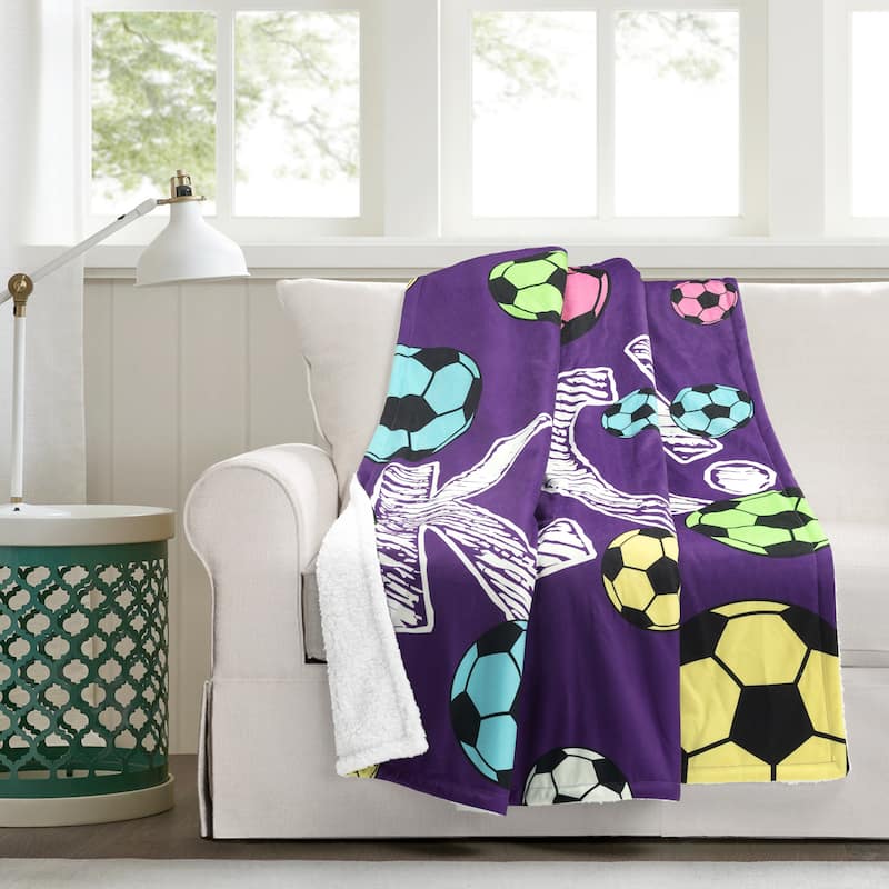 Lush Decor Girls Soccer Kick Sherpa Throw - Purple - 50x60