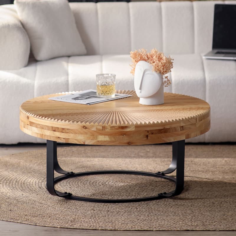 GDFStudio Calvion Round Pine Wood Coffee Table with Steel Frame and Carving Pattern