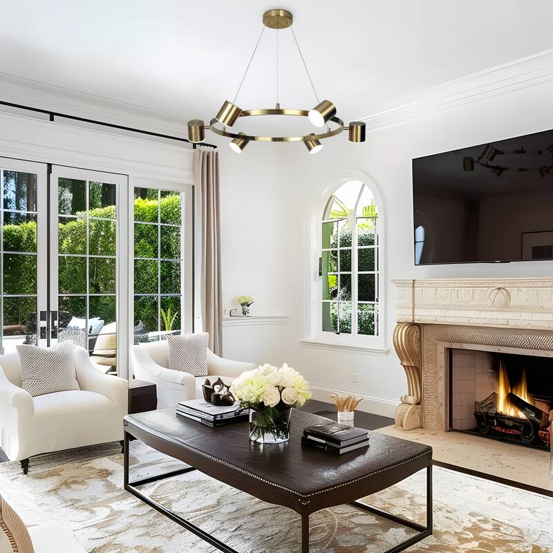 Mid-Century Modern 6-Light Gold LED Wagon Wheel Chandelier Metal Pendant Lights for Dining Room